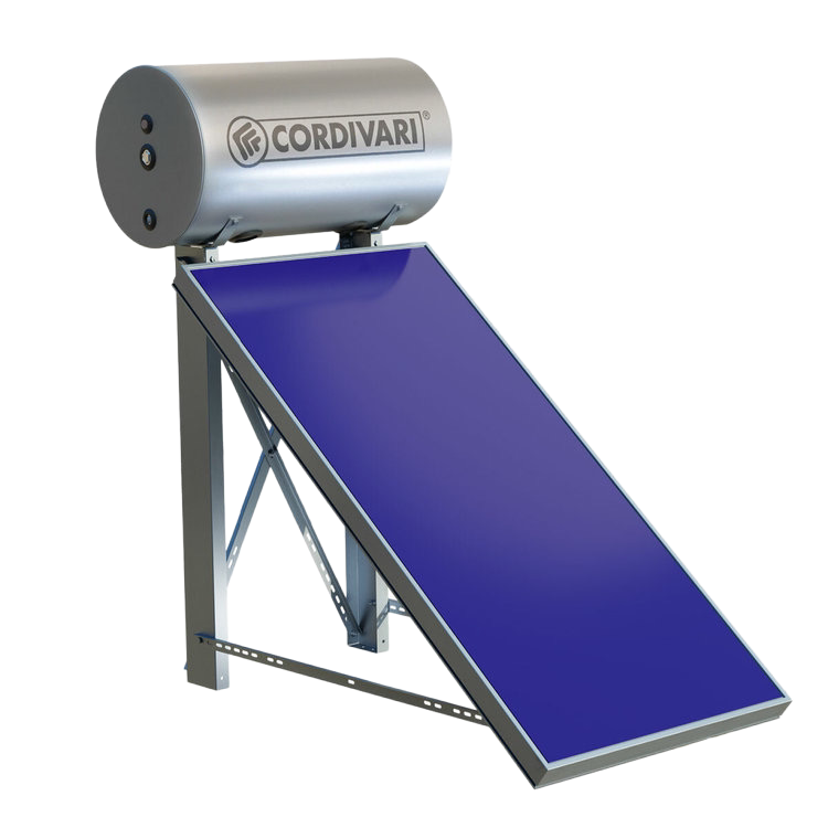 Solare termico con serbatoio e pannello inclinato blu.