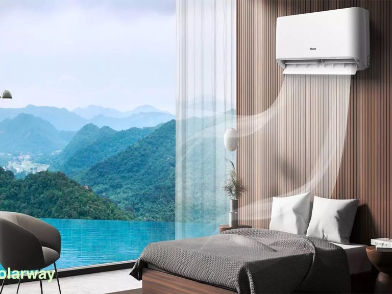 Modern bedroom with air conditioning and a scenic view of mountains and water.
