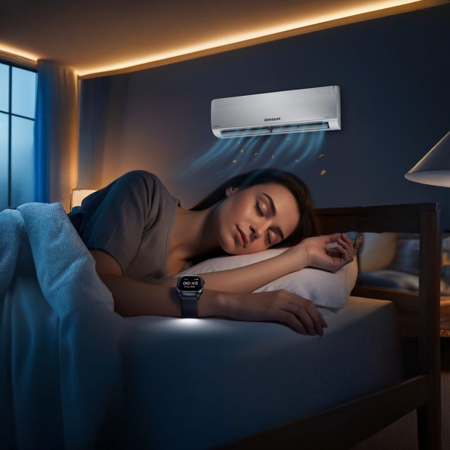 Persona dorme serena in un letto con un condizionatore d'aria acceso sopra.